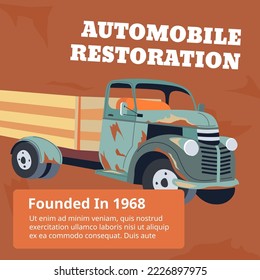 Car maintenance and automobile restoration, old rusty vehicles brought back to life. Transport founded in 1968, auto repairing service promotional banner or advertisement. Vector in flat style