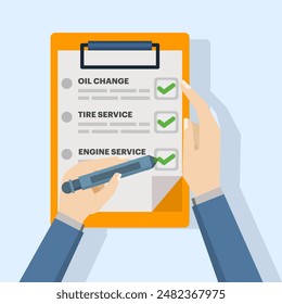 Concepto del ícono de la lista de verificación de mantenimiento del automóvil, mantenimiento de rutina mensual en el vehículo del automóvil, servicio de verificación de inspección del automóvil del ícono, o revisión de reparación de diagnóstico del vehículo automotor, Ilustración vectorial plana.