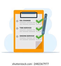 Car maintenance checklist icon concept, monthly routine maintenance on car vehicle, icon car inspection check service, or automotive vehicle diagnostic repair review, flat vector illustration.