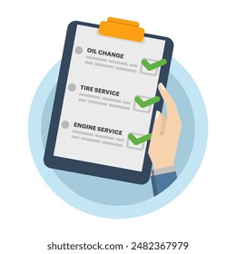 Car maintenance checklist icon concept, monthly routine maintenance on car vehicle, icon car inspection check service, or automotive vehicle diagnostic repair review, flat vector illustration.