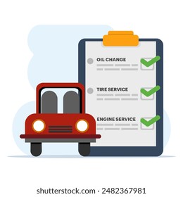 Concepto del ícono de la lista de verificación de mantenimiento del automóvil, mantenimiento de rutina mensual en el vehículo del automóvil, servicio de verificación de inspección del automóvil del ícono, o revisión de reparación de diagnóstico del vehículo automotor, Ilustración vectorial plana.