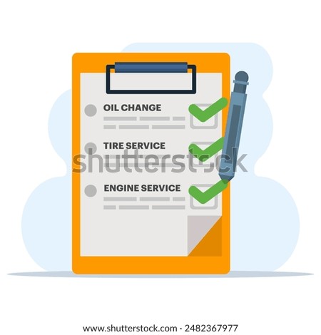 Car maintenance checklist icon concept, monthly routine maintenance on car vehicle, icon car inspection check service, or automotive vehicle diagnostic repair review, flat vector illustration.