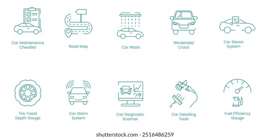 Checkliste für die Fahrzeugwartung, Straßenkarte, Waschen, Windschutzscheiben-Riss, Auto-Stereoanlage, Reifenlaufflächen-Tiefenmesser, Alarmanlage, Autodiagnosescanner, Auto-Detailinstrumente, Vektorsymbol-Set