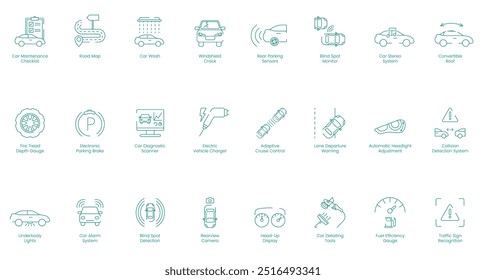 Lista de verificación de mantenimiento del automóvil, Hoja de ruta, Lavado de automóviles, Grieta del parabrisas, Sensores de estacionamiento trasero, Monitor de punto ciego, Sistema estéreo del automóvil, Techo convertible, Conjunto de iconos de Vector de medidor de profundidad de banda de rodadura