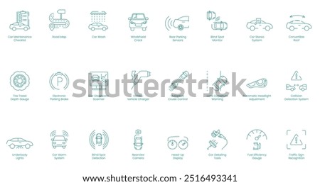 Car Maintenance Checklist, Road Map, Car Wash, Windshield Crack, Rear Parking Sensors, Blind Spot Monitor, Car Stereo System, Convertible Roof, Tire Tread Depth Gauge vector icon set