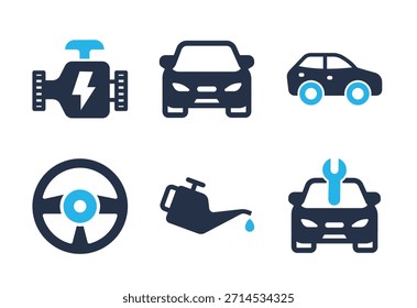 Conjunto de iconos de mantenimiento y componentes de automóviles. Iconos de la serie de glifos sólidos