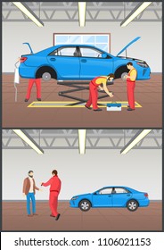 Car maintenance done by auto mechanics and repairing service, worker giving keys to transport owner , collection of progress, vector illustration