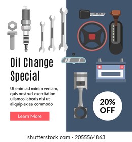 Car Maintenance And Fixing, Automobile And Vehicle Service, Oil Change Special 20 Percent Off Reduction Of Price For Clients. Promotional Banner, Poster With Discounts And Sales. Vector In Flat Style