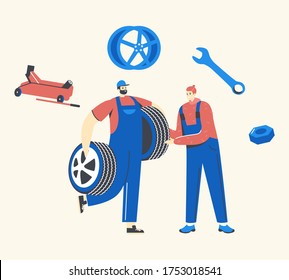 Mantenimiento o reparación de coches. Caracteres mecánicos vestidos en overoles azules sujetando las ruedas y la llave mecánica del coche, el personal del servicio de reparación con los instrumentos en mano, comprobando el automóvil. Ilustración de vectores de personas lineales