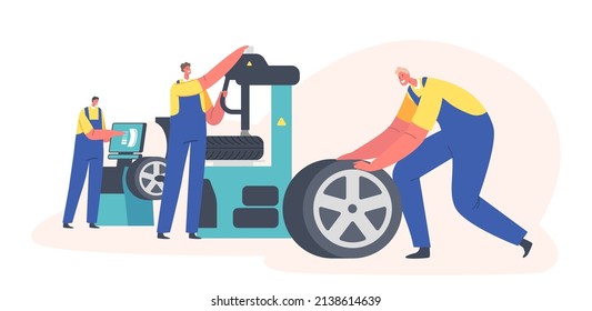 Car Maintenance and Fixing Service. Workers Change Automobile Tires at Garage. Male Characters Wear Uniform Mount Tyres at Mechanic Workshop, Vehicle Repair Service. Cartoon People Vector Illustration