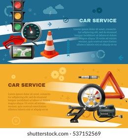 Carteles horizontales de mantenimiento del automóvil con velocímetro de semáforo cono bomba de combustible navegador ayuda a la rueda de vela ilustración vectorial 