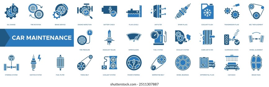 Icono de mantenimiento del coche. Cambio de aceite, rotación de neumáticos, servicio de frenos, inspección del motor y comprobación de la batería