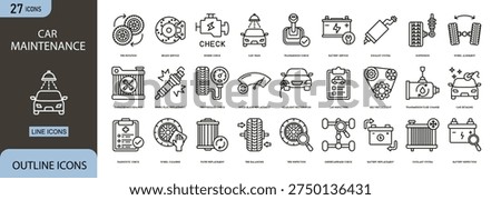Car maintenance icons set representing vehicle service, repair tools, engine check, oil change, tire service, garage inspection and automotive care concepts.