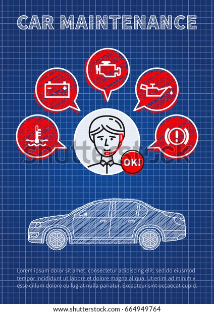 Car maintenance\
manager blue print vector illustration. Car technical assistant\
concept with warning signs (check engine, oil pressure, generator,\
coolant level, brake\
system).