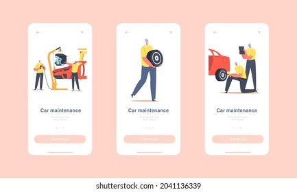 Car Maintenance Mobile App Page Onboard Screen Template. Workers Characters on Plant Production Line, Vehicle Manufacture Factory, Transport Engineering Concept. Cartoon People Vector Illustration