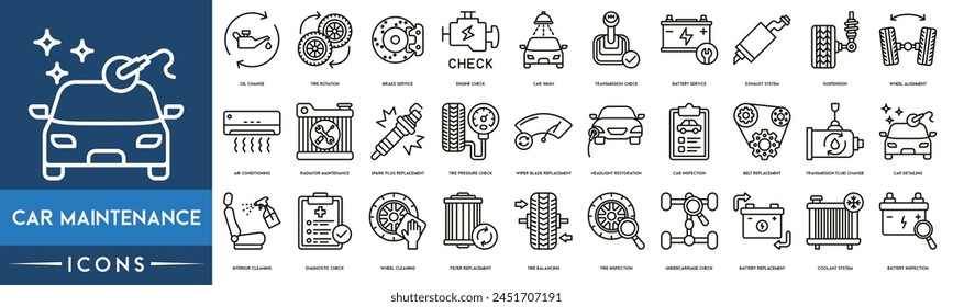 Mantenimiento del coche, cambio de aceite, rotación de neumáticos, servicio de frenos, comprobación del motor, lavado de coches, comprobación de la transmisión, servicio de batería, línea fina, conjunto de iconos de Web. Colección de iconos de esquema.