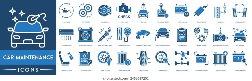 Car Maintenance, Oil Change, Tire Rotation, Brake Service, Engine Check, Car Wash, Transmission Check, Battery Service thin line web icon set. Outline icons collection.