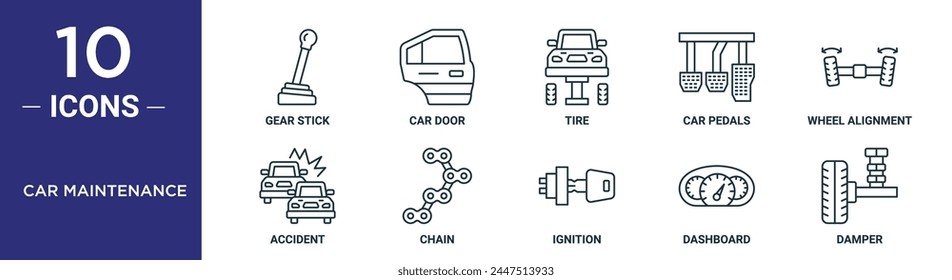 car maintenance outline icon set includes thin line gear stick, car door, tire, car pedals, wheel alignment, accident, chain icons for report, presentation, diagram, web design