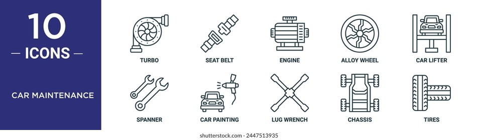 car maintenance outline icon set includes thin line turbo, seat belt, engine, alloy wheel, car lifter, spanner, car painting icons for report, presentation, diagram, web design