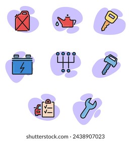 Car maintenance and repair line icon set. Wrench, key, battery, fuel can, vehicle inspection checklist, car engine. Can be used for topics like traffic, service, transporastion