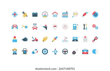 Serviço de manutenção e reparação de automóveis, peças automotivas, conjunto de ícone de cor mecânica de automóveis. Roda sobresselente e motor, diagnóstico de veículos na garagem pelo técnico e reboque ilustração vetor plana