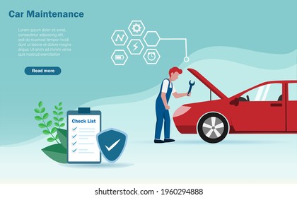 Car maintenance and repair service concept. Mechanician fixing and repairing car with check lists and warranty guard.