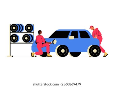 Car Maintenance Scene With Two Male Mechanics Repairing Blue Car In Flat Vector Illustration Symbolizing Automotive Repair And Vehicle Service, Isolated On White Background