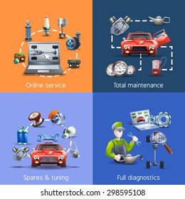 Car maintenance and service cartoon icons set with spares and diagnostics isolated vector illustration 