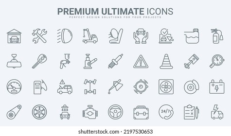 Car maintenance service, workshop garage equipment thin line icons set vector illustration. Outline pictogram of mechanic tools to repair engine and change tires, road safety sign and emergency call