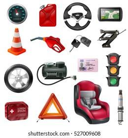 Car maintenance set of different auto accessories and equipment on white background isolated vector illustration