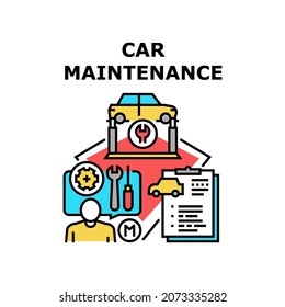 Concepto de icono del vector de mantenimiento del automóvil. Servicio De Mantenimiento De Coches Para Verificar Y Reparar El Motor Y La Suspensión De Automóviles. Lista De Comprobación Mecánica Para Monitorear La Ilustración De Color De La Reparación