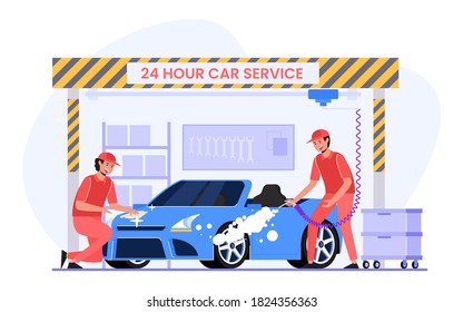 Fahrzeugwartung in einer Werkstatt durch mechanisches Premium-Vektorgrafik-Design