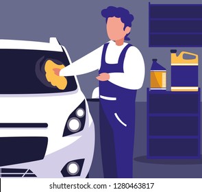 car in maintenance workshop with mechanic working
