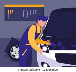 car in maintenance workshop with mechanic working