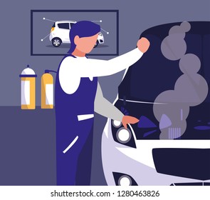 car in maintenance workshop with mechanic working