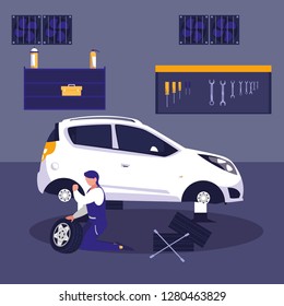 car in maintenance workshop with mechanic working