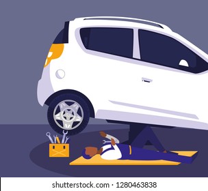 car in maintenance workshop with mechanic working