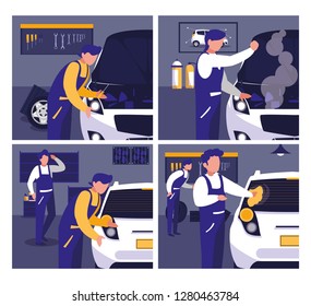 car in maintenance workshop with mechanics team