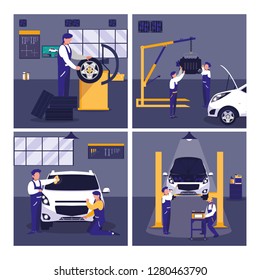 car in maintenance workshop with mechanics team