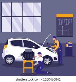 car in maintenance workshop with mechanics team