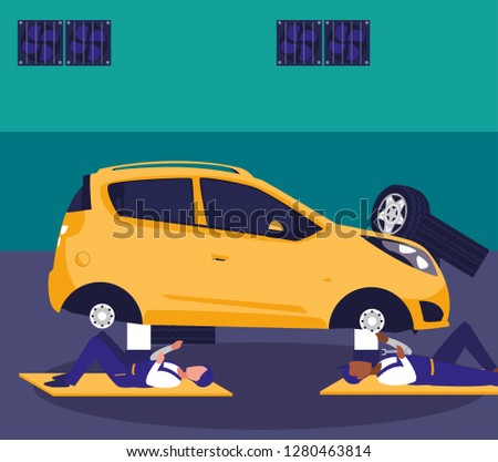 car in maintenance workshop with mechanics team
