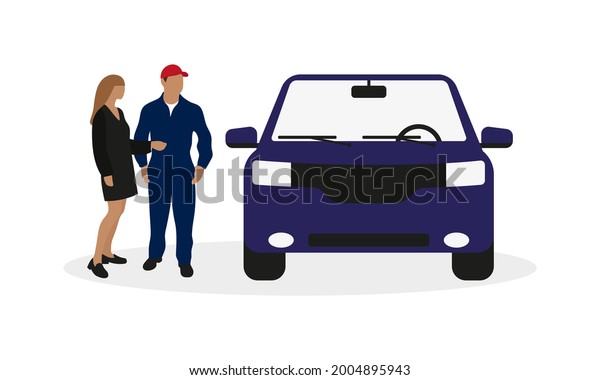 Car, male character in work overalls and\
female character together on a white\
background