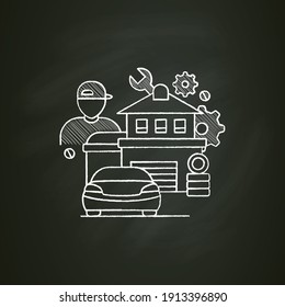 Car Man Cave Chalk Icon. Modern Men Have Access To Garage, And This Is Place To Spend Time. Repair Car And Meetings Place Concept. Isolated Vector Illustration On Chalkboard