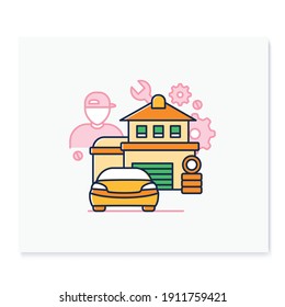 Car Man Cave Color Icon. Modern Men Have Access To Garage, And This Is Place To Spend Time. Repair Car And Meetings Place Concept. Isolated Vector Illustration