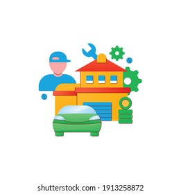 Car Man Cave Flat Icon. Modern Men Have Access To Garage, And This Is Place To Spend Time. Repair Car And Meetings Place Concept. 3D Color Vector Illustration