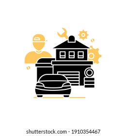 Car Man Cave Glyph Icon. Modern Men Have Access To Garage, And This Is Place To Spend Time. Repair Car And Meetings Place Concept. Filled Flat Sign. Isolated Silhouette Vector Illustration