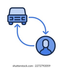 Car and Man connected with arrows vector Car Rental concept blue icon or logo element