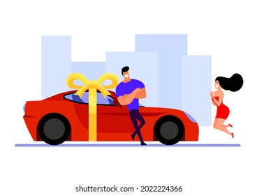 car. man gave his girlfriend a sports car. vector icon in flat style