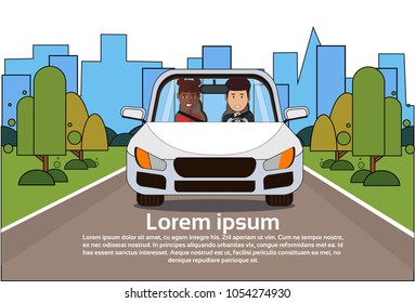 Car With Man And Woman On Road Over Silhouette City Background