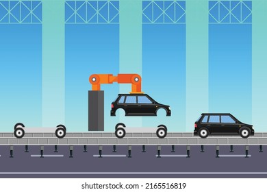 Car Manufacture Factory Work Process With Car Frame And Wheels. Assembling Car Parts Inside A Factory With Robotic Hands. Artificial Intelligence Makes Cars With A Robot Inside A Vehicle Factory.